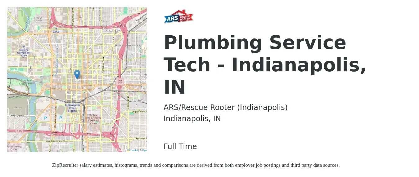 ARS/Rescue Rooter (Indianapolis) job posting for a Plumbing Service Tech - Indianapolis, IN in Indianapolis, IN with a salary of $22 to $33 Hourly with a map of Indianapolis location.