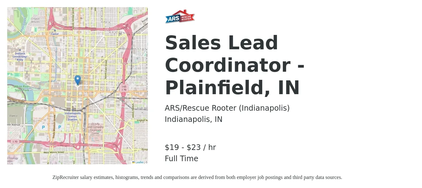 ARS-Rescue Rooter job posting for a Sales Lead Coordinator - Plainfield, IN in Indianapolis, IN with a salary of $20 to $24 Hourly with a map of Indianapolis location.