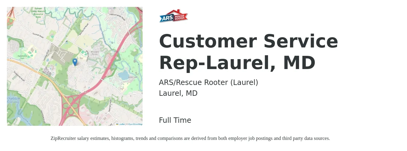 ARS/Rescue Rooter (Laurel) job posting for a Customer Service Rep-Laurel, MD in Laurel, MD with a salary of $16 to $22 Hourly with a map of Laurel location.