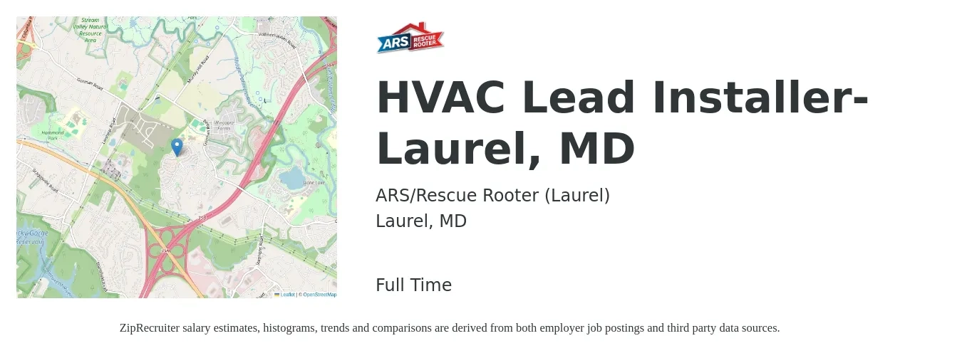 ARS-Rescue Rooter job posting for a HVAC Lead Installer-Laurel, MD in Laurel, MD with a salary of $22 to $32 Hourly with a map of Laurel location.