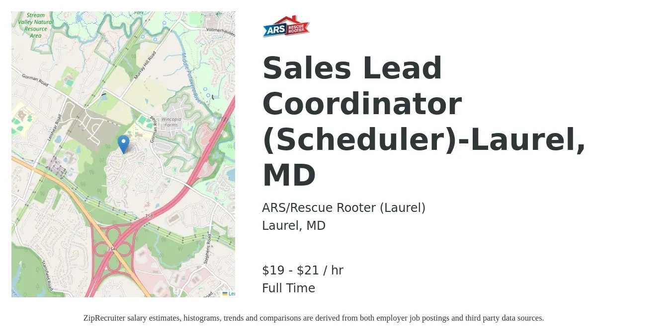 ARS/Rescue Rooter (Laurel) job posting for a Sales Lead Coordinator (Scheduler)-Laurel, MD in Laurel, MD with a salary of $20 to $22 Hourly with a map of Laurel location.