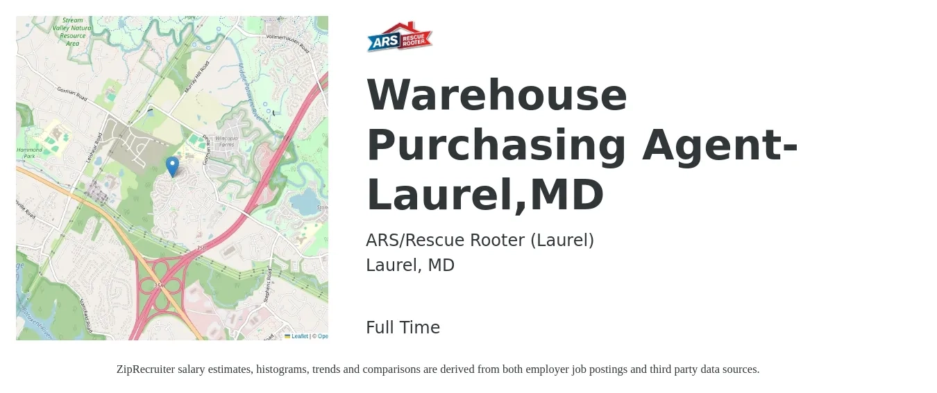ARS/Rescue Rooter (Laurel) job posting for a Warehouse Purchasing Agent-Laurel,MD in Laurel, MD with a salary of $42,800 to $59,800 Yearly with a map of Laurel location.