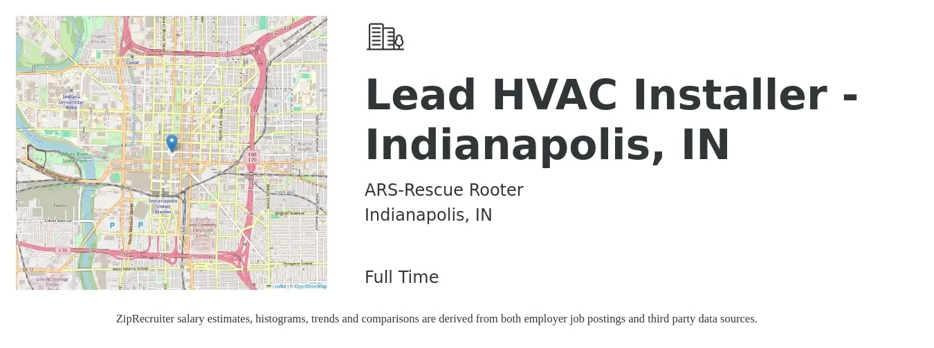 ARS-Rescue Rooter job posting for a Lead HVAC Installer - Indianapolis, IN in Indianapolis, IN with a salary of $19 to $28 Hourly with a map of Indianapolis location.