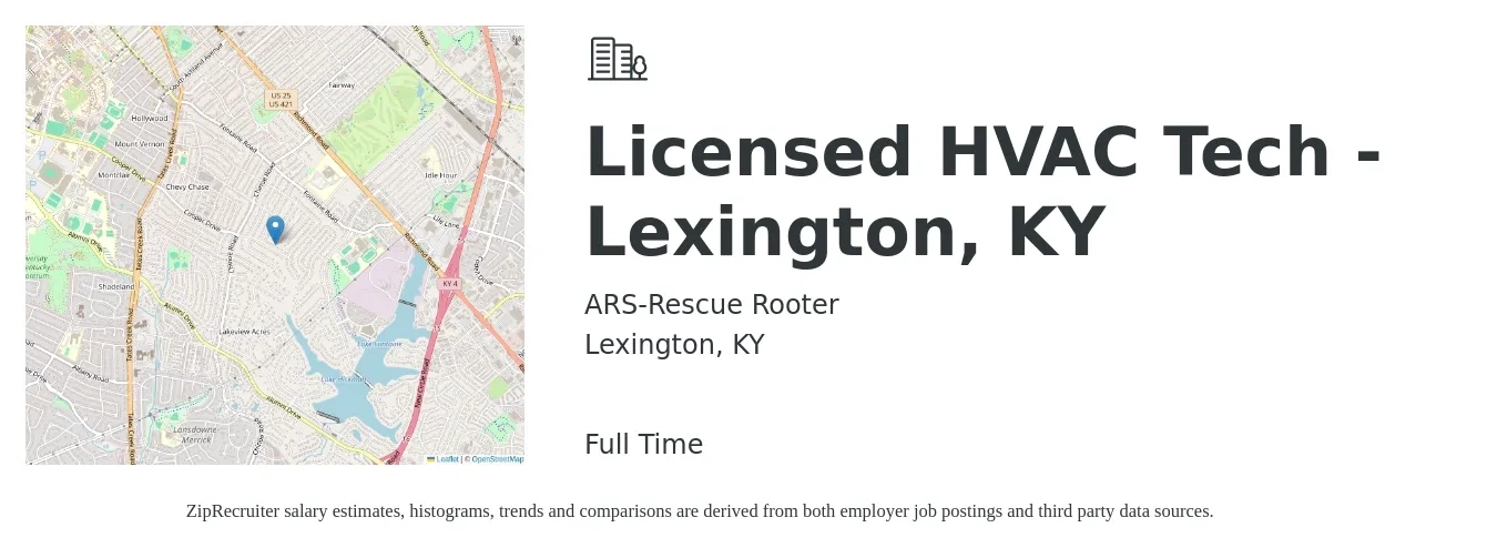 ARS-Rescue Rooter job posting for a Licensed HVAC Tech - Lexington, KY in Lexington, KY with a salary of $25 to $34 Hourly with a map of Lexington location.