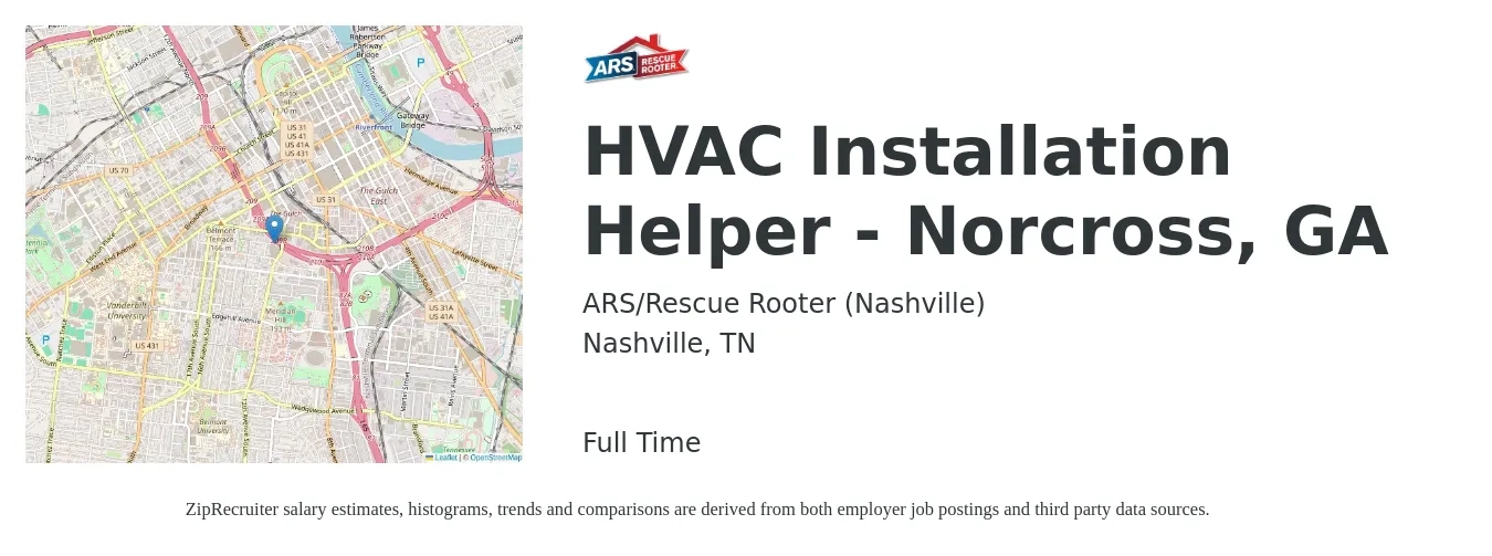 ARS-Rescue Rooter job posting for a HVAC Installation Helper - Norcross, GA in Nashville, TN with a salary of $21 to $32 Hourly with a map of Nashville location.