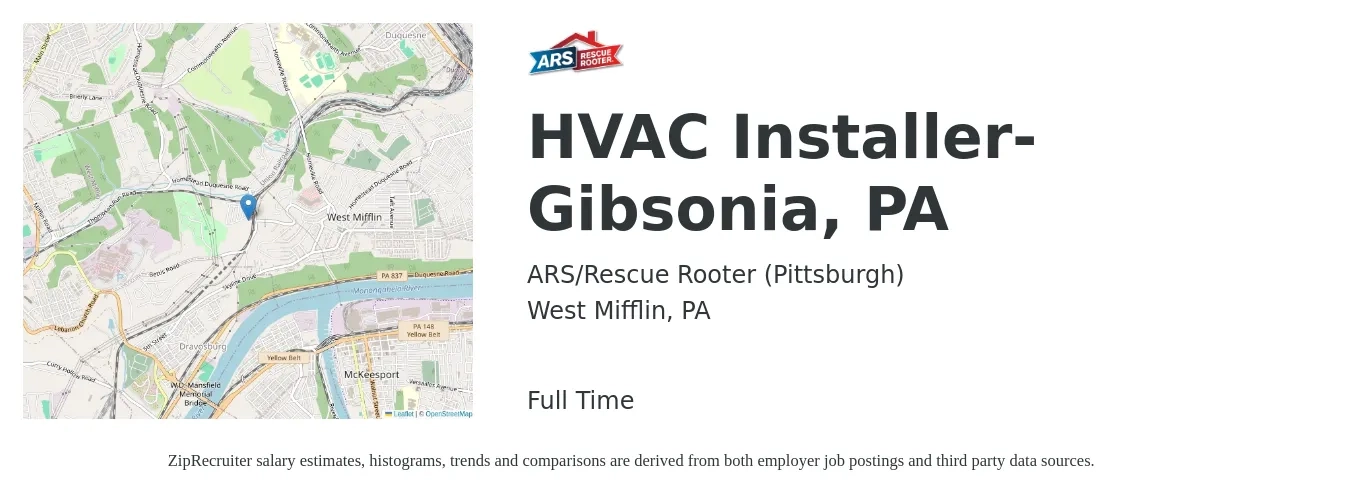 ARS-Rescue Rooter job posting for a HVAC Installer- Gibsonia, PA in West Mifflin, PA with a salary of $20 to $30 Hourly with a map of West Mifflin location.