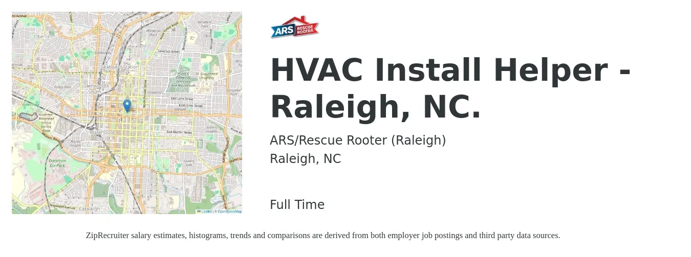 ARS-Rescue Rooter job posting for a HVAC Install Helper - Raleigh, NC. in Raleigh, NC with a salary of $21 to $32 Hourly with a map of Raleigh location.