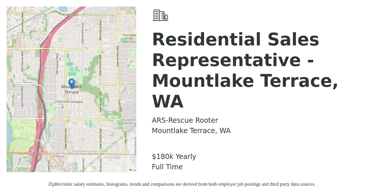 ARS-Rescue Rooter job posting for a Residential Sales Representative - Mountlake Terrace, WA in Mountlake Terrace, WA with a salary of $180,000 Yearly with a map of Mountlake Terrace location.