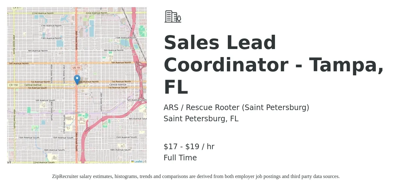 ARS-Rescue Rooter job posting for a Sales Lead Coordinator - Tampa, FL in Saint Petersburg, FL with a salary of $18 to $20 Hourly with a map of Saint Petersburg location.