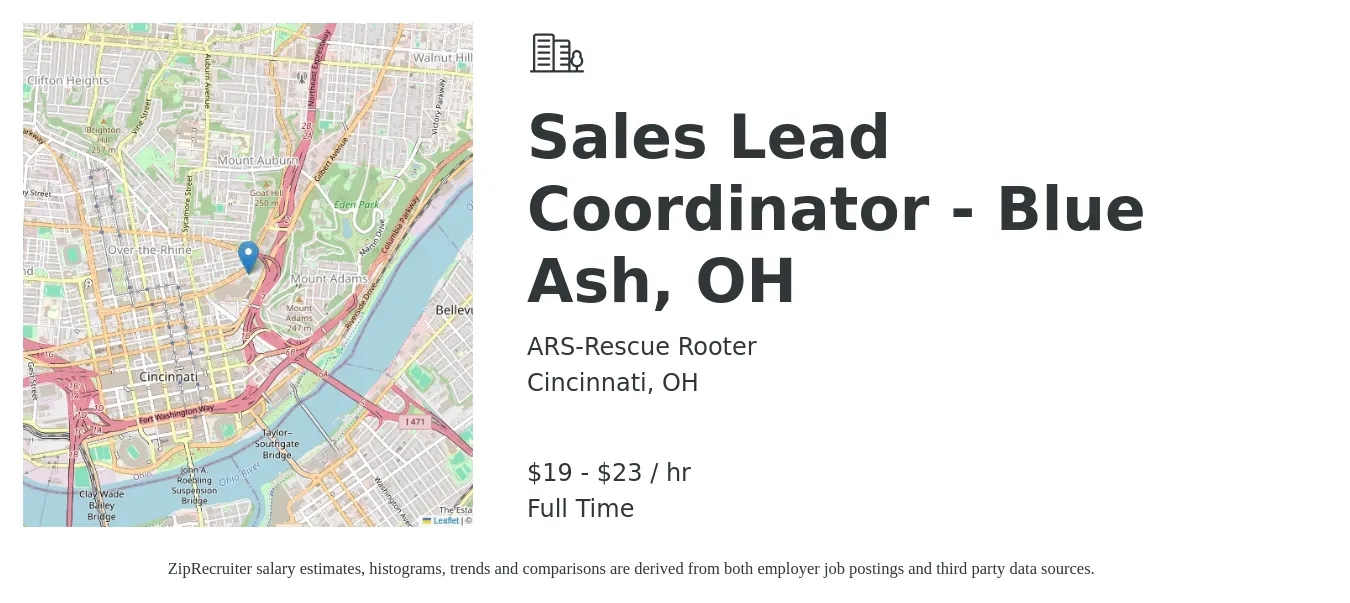 ARS-Rescue Rooter job posting for a Sales Lead Coordinator - Blue Ash, OH in Cincinnati, OH with a salary of $20 to $24 Hourly with a map of Cincinnati location.
