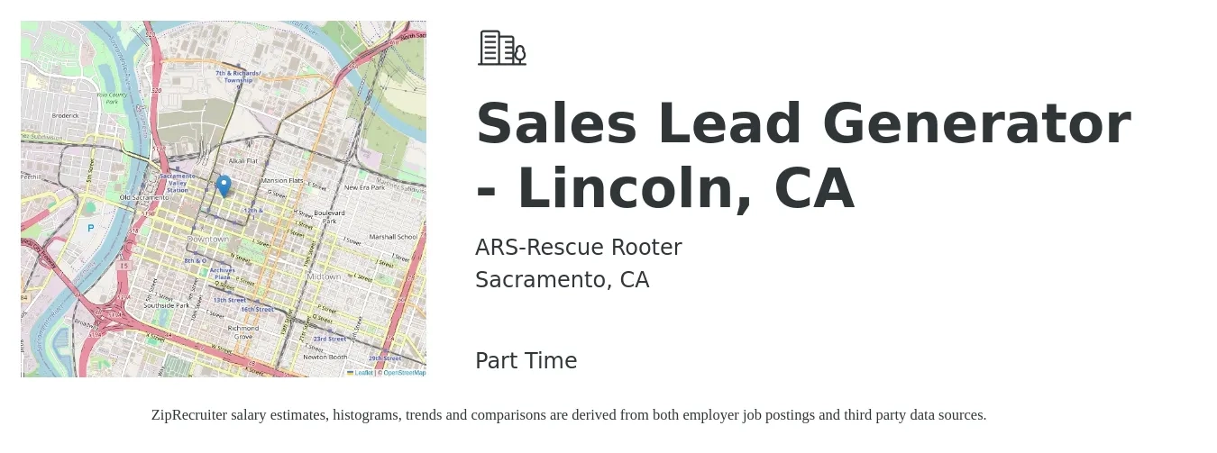 ARS-Rescue Rooter job posting for a Sales Lead Generator - Lincoln, CA in Sacramento, CA with a salary of $17 to $27 Hourly with a map of Sacramento location.