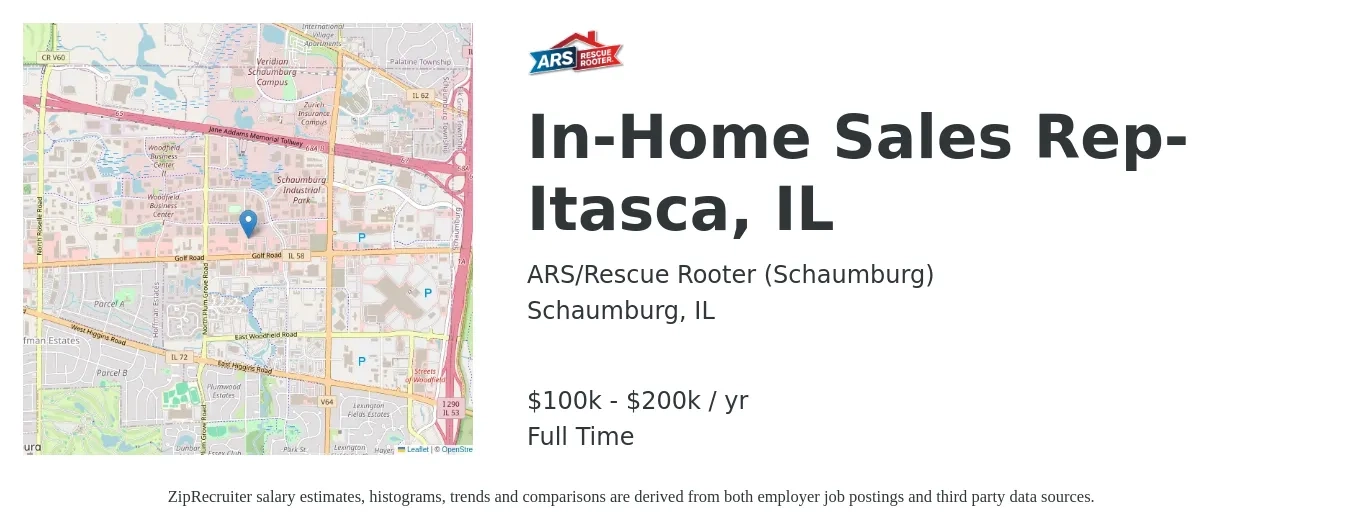 ARS-Rescue Rooter job posting for a In-Home Sales Rep-Itasca, IL in Schaumburg, IL with a salary of $100,000 to $200,000 Yearly with a map of Schaumburg location.