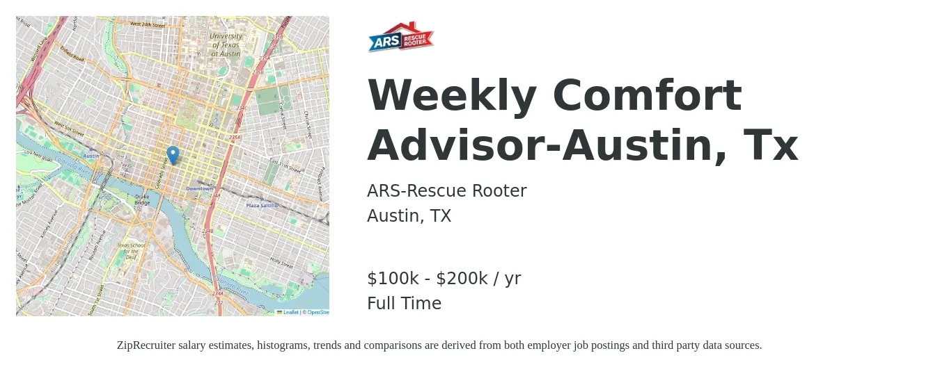 ARS-Rescue Rooter job posting for a Weekly Comfort Advisor-Austin, Tx in Austin, TX with a salary of $100,000 to $200,000 Yearly with a map of Austin location.