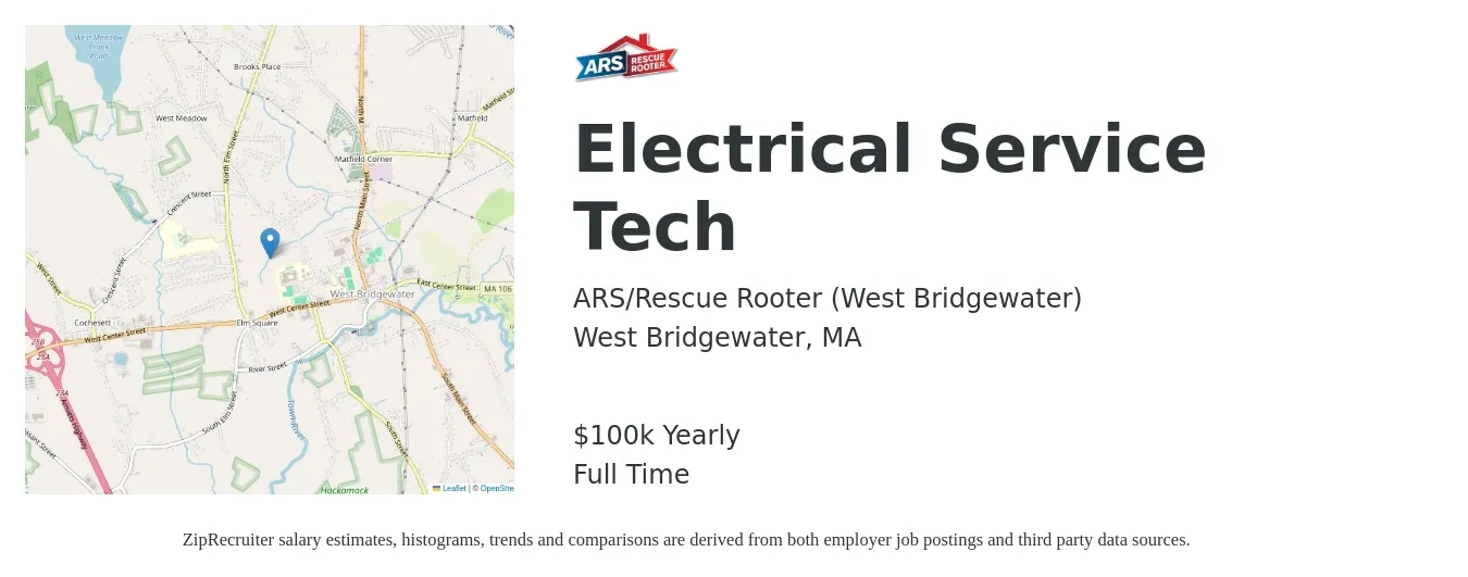 ARS-Rescue Rooter job posting for a Electrical Service Tech in West Bridgewater, MA with a salary of $100,000 Yearly with a map of West Bridgewater location.