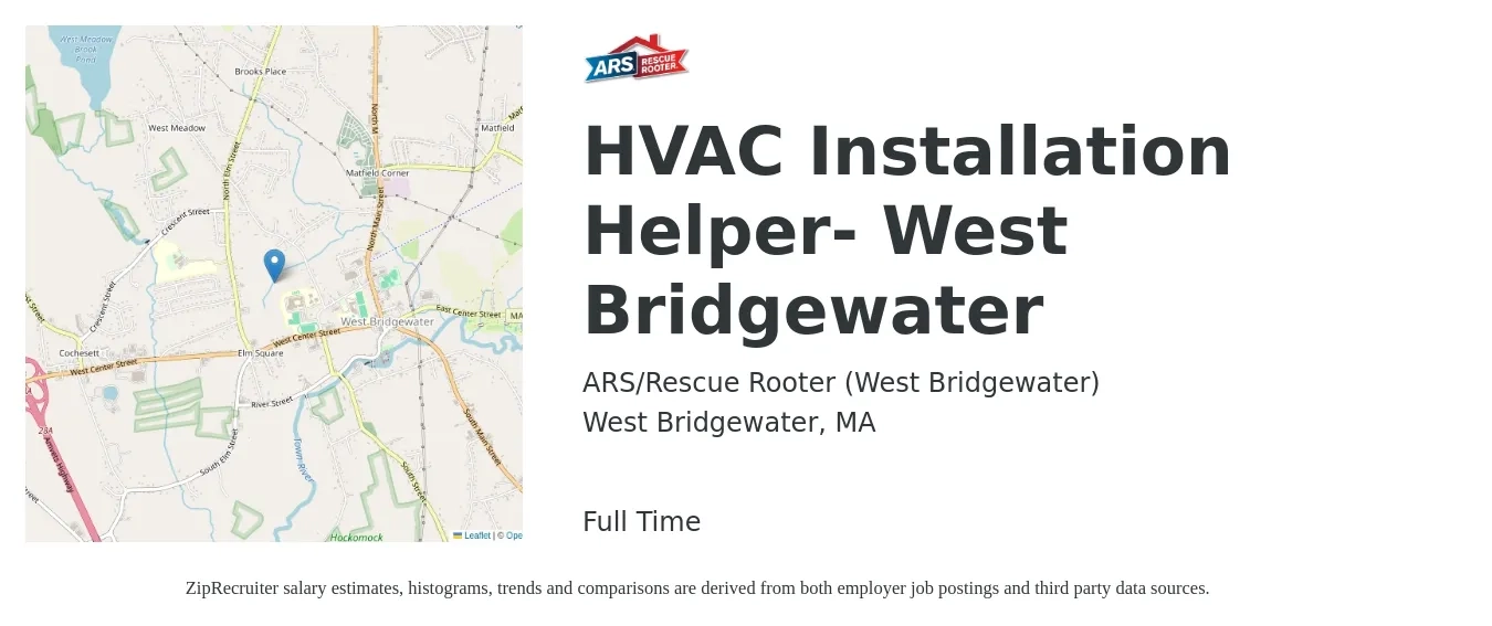 ARS-Rescue Rooter job posting for a HVAC Installation Helper- West Bridgewater in West Bridgewater, MA with a salary of $16 to $21 Hourly with a map of West Bridgewater location.