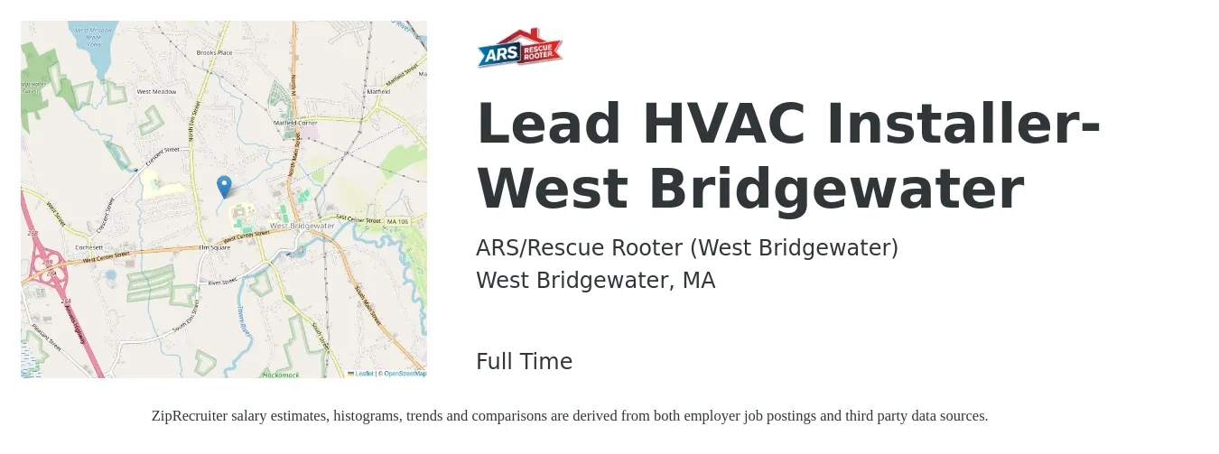 ARS/Rescue Rooter (West Bridgewater) job posting for a Lead HVAC Installer- West Bridgewater in West Bridgewater, MA with a salary of $22 to $34 Hourly with a map of West Bridgewater location.