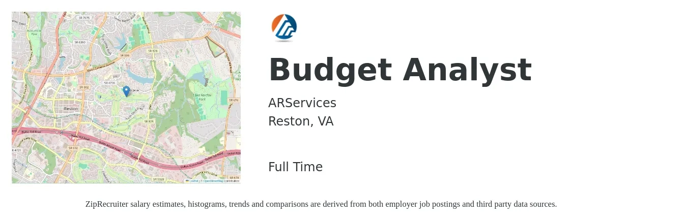 ARServices job posting for a Budget Analyst in Reston, VA with a salary of $61,900 to $102,500 Yearly with a map of Reston location.