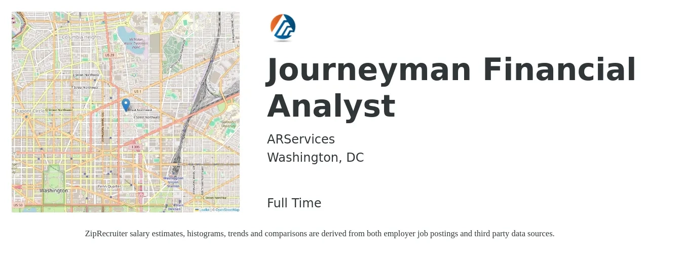 ARServices job posting for a Journeyman Financial Analyst in Washington, DC with a salary of $74,600 to $117,800 Yearly with a map of Washington location.
