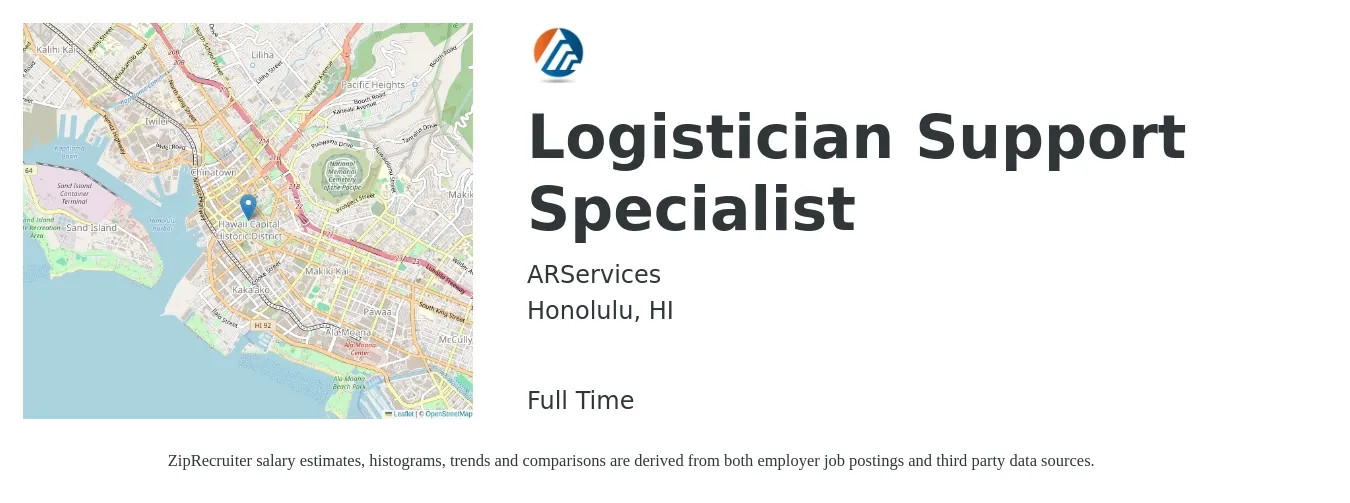 ARServices job posting for a Logistician Support Specialist in Honolulu, HI with a salary of $45,900 to $68,600 Yearly with a map of Honolulu location.
