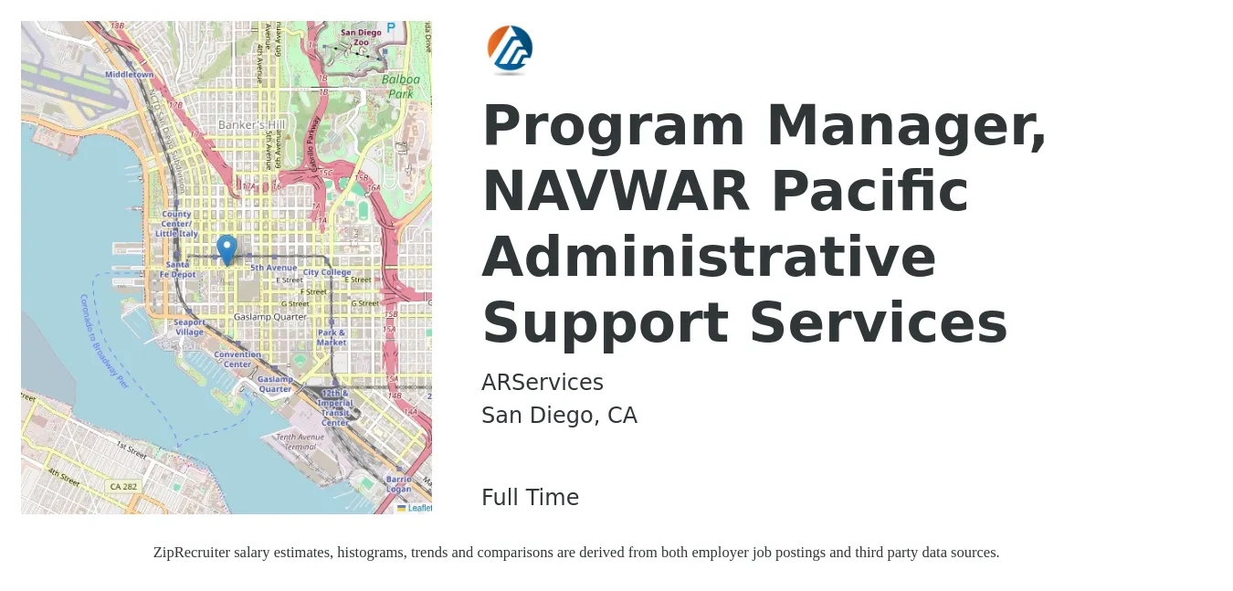 ARServices job posting for a Program Manager, NAVWAR Pacific Administrative Support Services in San Diego, CA with a salary of $65,800 to $110,400 Yearly with a map of San Diego location.