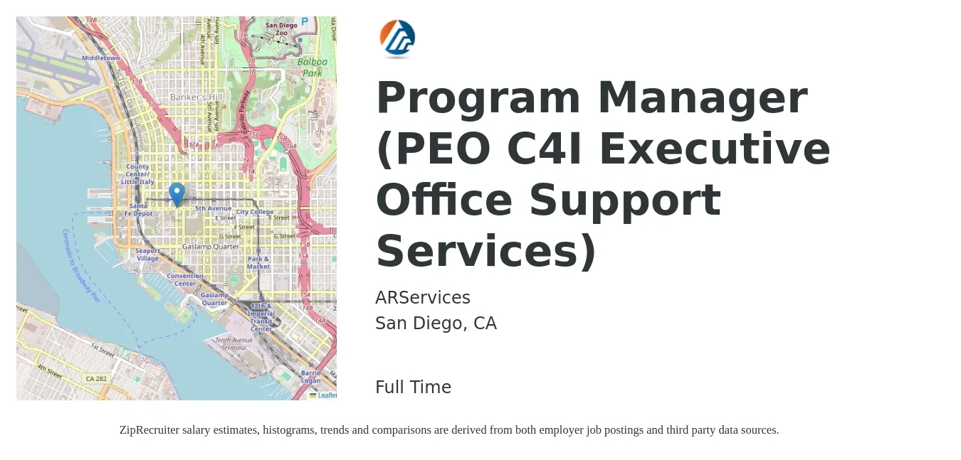 ARServices job posting for a Program Manager (PEO C4I Executive Office Support Services) in San Diego, CA with a salary of $49,900 to $83,300 Yearly with a map of San Diego location.
