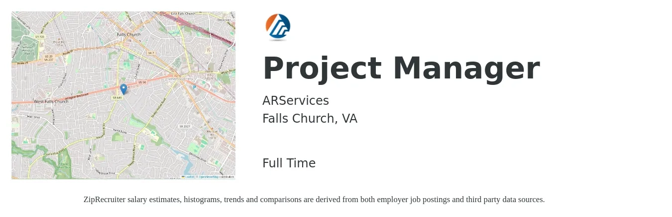 ARServices job posting for a Project Manager in Falls Church, VA with a salary of $83,800 to $131,200 Yearly with a map of Falls Church location.