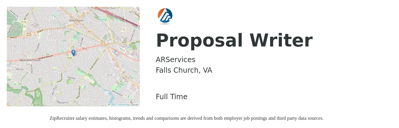 ARServices job posting for a Proposal Writer in Falls Church, VA with a salary of $67,700 to $96,500 Yearly with a map of Falls Church location.