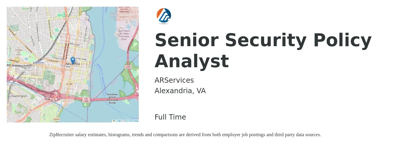 ARServices job posting for a Senior Security Policy Analyst in Alexandria, VA with a salary of $80,800 to $123,100 Yearly with a map of Alexandria location.