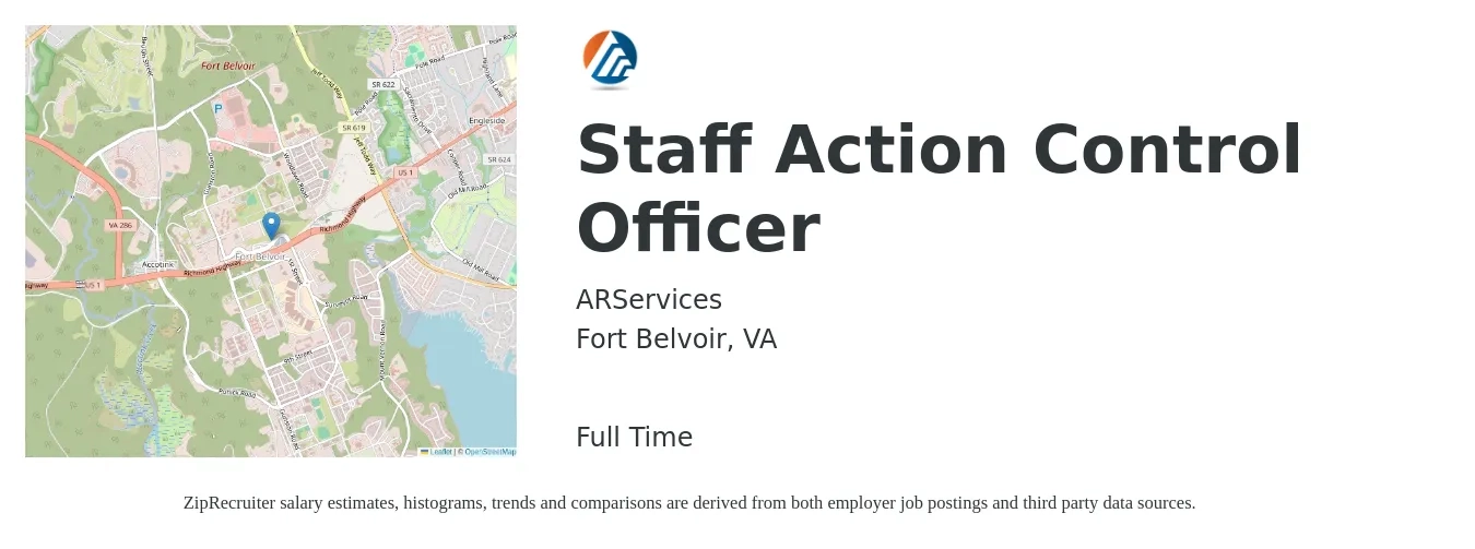 ARServices job posting for a Staff Action Control Officer in Fort Belvoir, VA with a salary of $22 to $33 Hourly with a map of Fort Belvoir location.