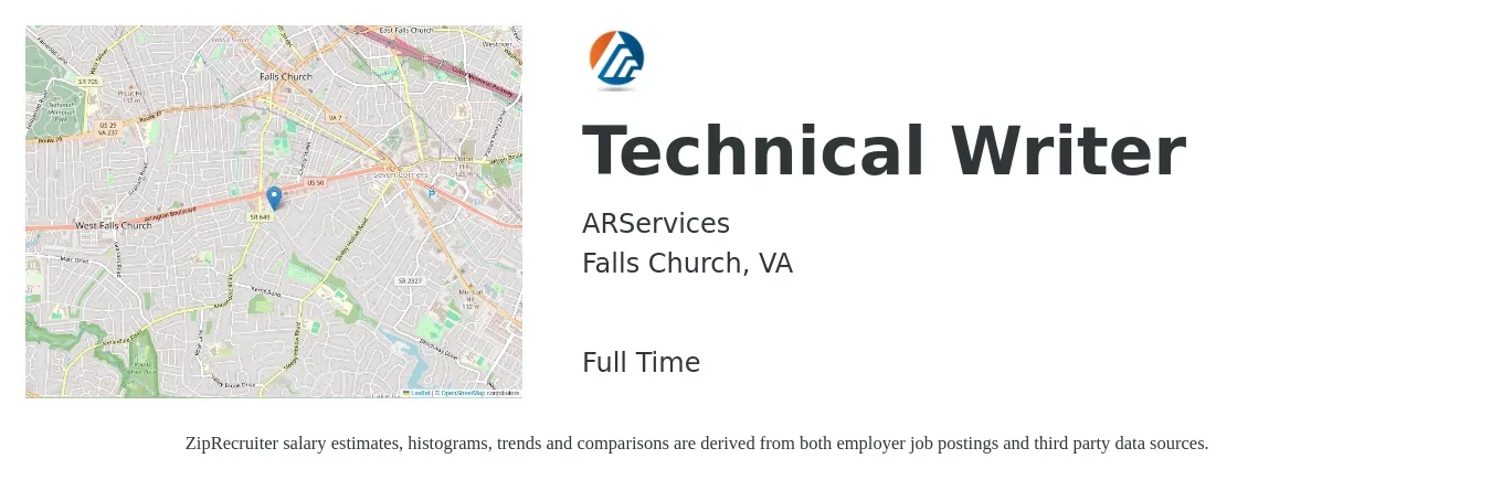 ARServices job posting for a Technical Writer in Falls Church, VA with a salary of $32 to $52 Hourly with a map of Falls Church location.