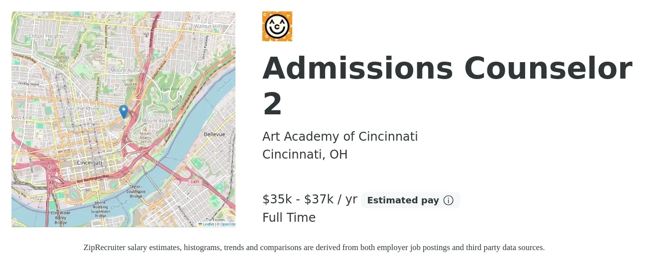 Art Academy of Cincinnati job posting for a Admissions Counselor 2 in Cincinnati, OH with a salary of $35,000 to $37,000 Yearly with a map of Cincinnati location.