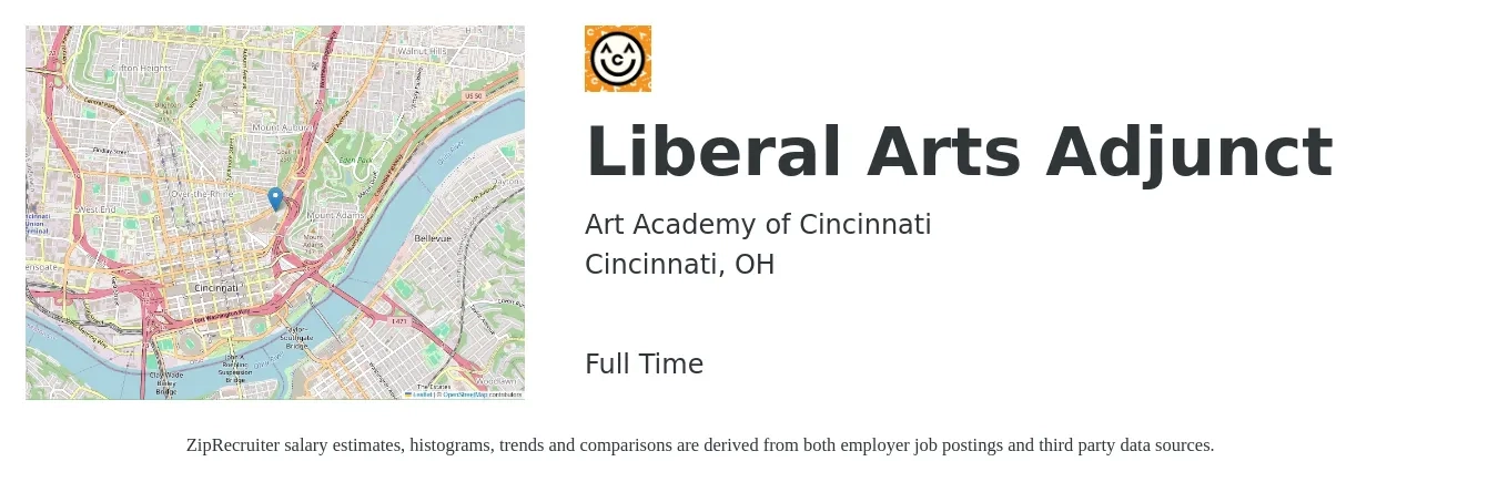 Art Academy of Cincinnati job posting for a Liberal Arts Adjunct in Cincinnati, OH with a salary of $36 to $67 Hourly with a map of Cincinnati location.