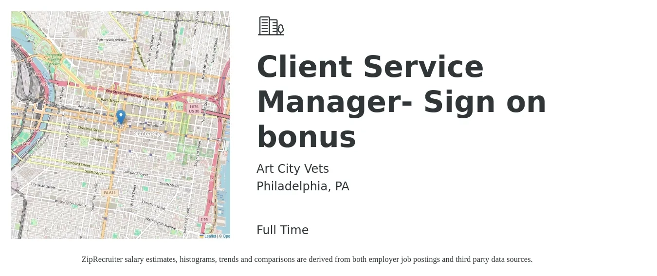 Art City Vets job posting for a Client Service Manager- Sign on bonus in Philadelphia, PA with a salary of $41,300 to $70,600 Yearly with a map of Philadelphia location.