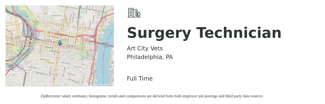 Art City Vets job posting for a Surgery Technician in Philadelphia, PA with a salary of $1,470 to $2,420 Weekly with a map of Philadelphia location.