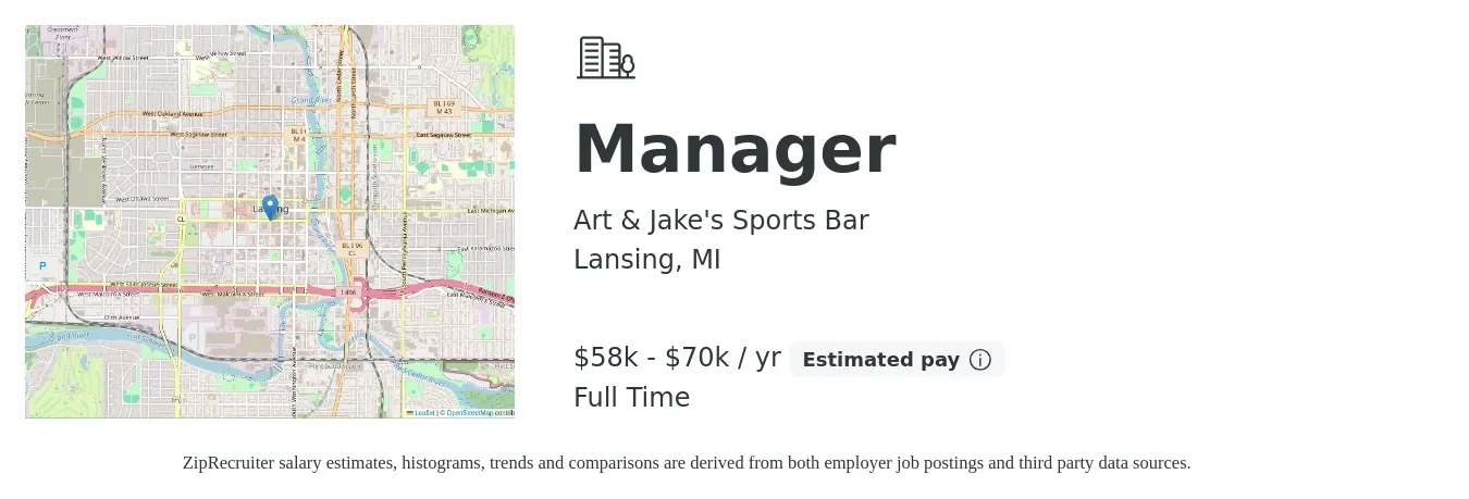 Art & Jake's Sports Bar job posting for a Manager in Lansing, MI with a salary of $58,000 to $70,000 Yearly with a map of Lansing location.
