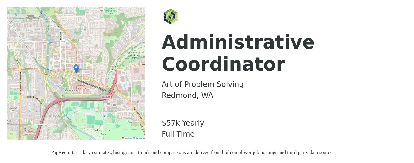 Art of Problem Solving job posting for a Administrative Coordinator in Redmond, WA with a salary of $57,500 Yearly with a map of Redmond location.