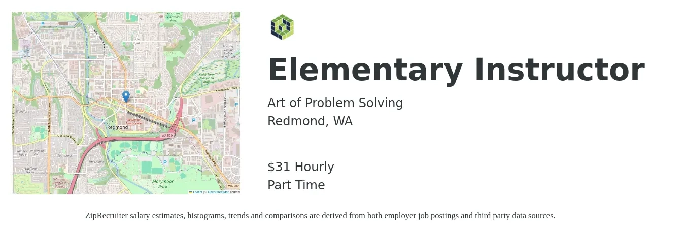 Art of Problem Solving job posting for a Elementary Instructor in Redmond, WA with a salary of $33 Hourly with a map of Redmond location.