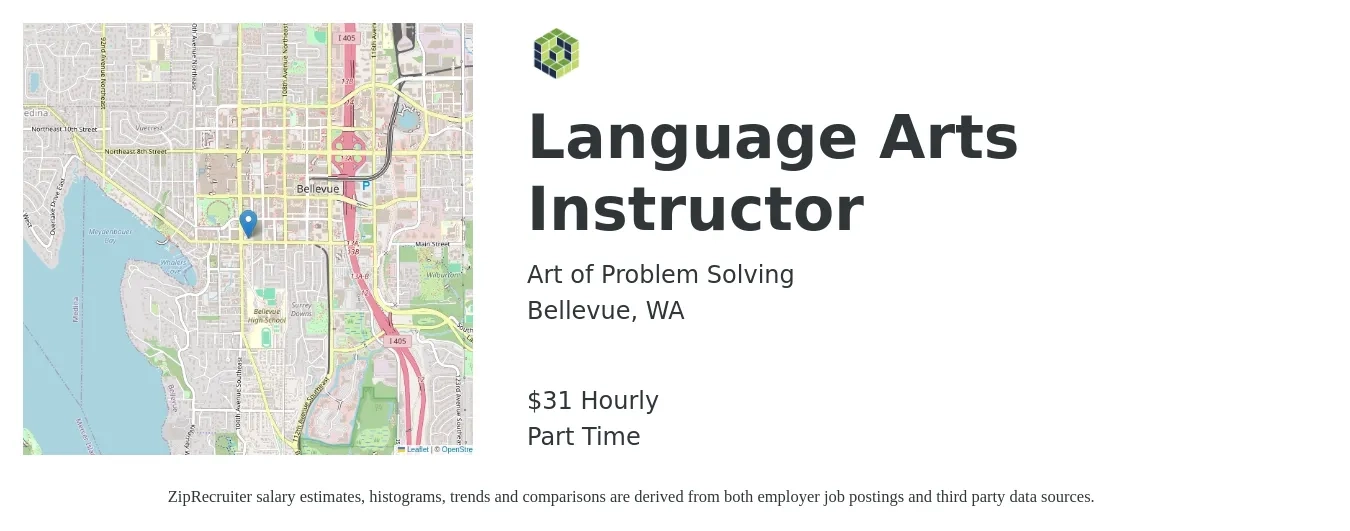 Art of Problem Solving job posting for a Language Arts Instructor in Bellevue, WA with a salary of $33 Hourly with a map of Bellevue location.
