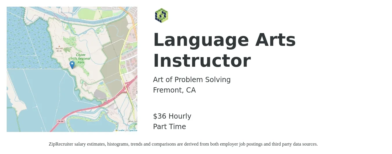 Art of Problem Solving job posting for a Language Arts Instructor in Fremont, CA with a salary of $38 Hourly with a map of Fremont location.