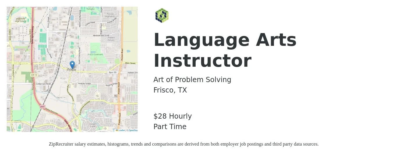 Art of Problem Solving job posting for a Language Arts Instructor in Frisco, TX with a salary of $30 Hourly with a map of Frisco location.
