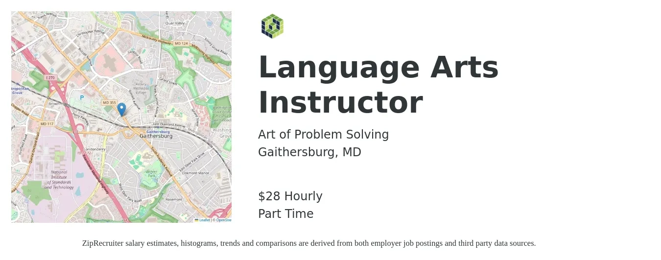 Art of Problem Solving job posting for a Language Arts Instructor in Gaithersburg, MD with a salary of $30 Hourly with a map of Gaithersburg location.