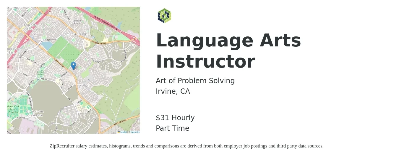 Art of Problem Solving job posting for a Language Arts Instructor in Irvine, CA with a salary of $33 Hourly with a map of Irvine location.