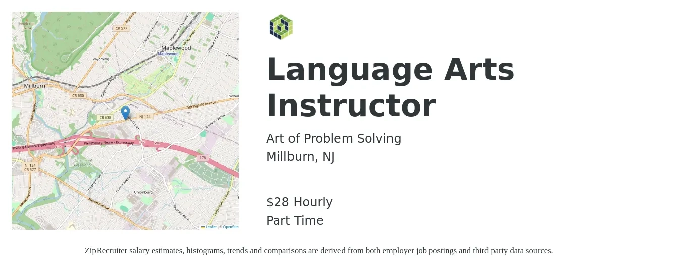 Art of Problem Solving job posting for a Language Arts Instructor in Millburn, NJ with a salary of $30 Hourly with a map of Millburn location.