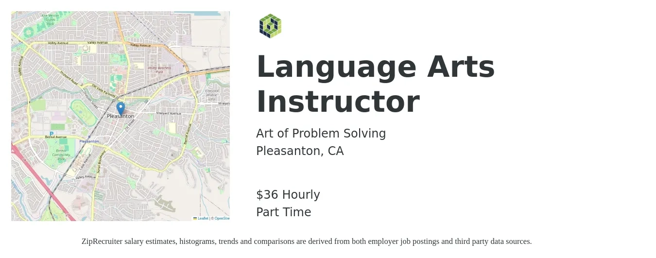 Art of Problem Solving job posting for a Language Arts Instructor in Pleasanton, CA with a salary of $38 Hourly with a map of Pleasanton location.