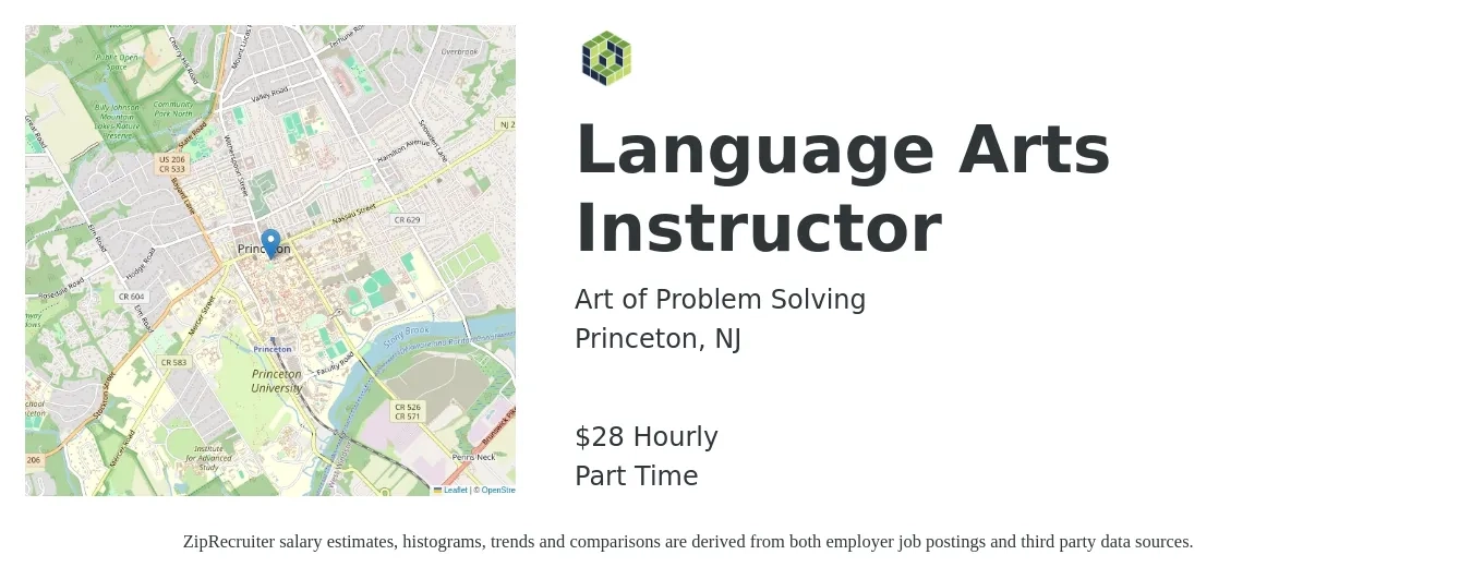 Art of Problem Solving job posting for a Language Arts Instructor in Princeton, NJ with a salary of $30 Hourly with a map of Princeton location.