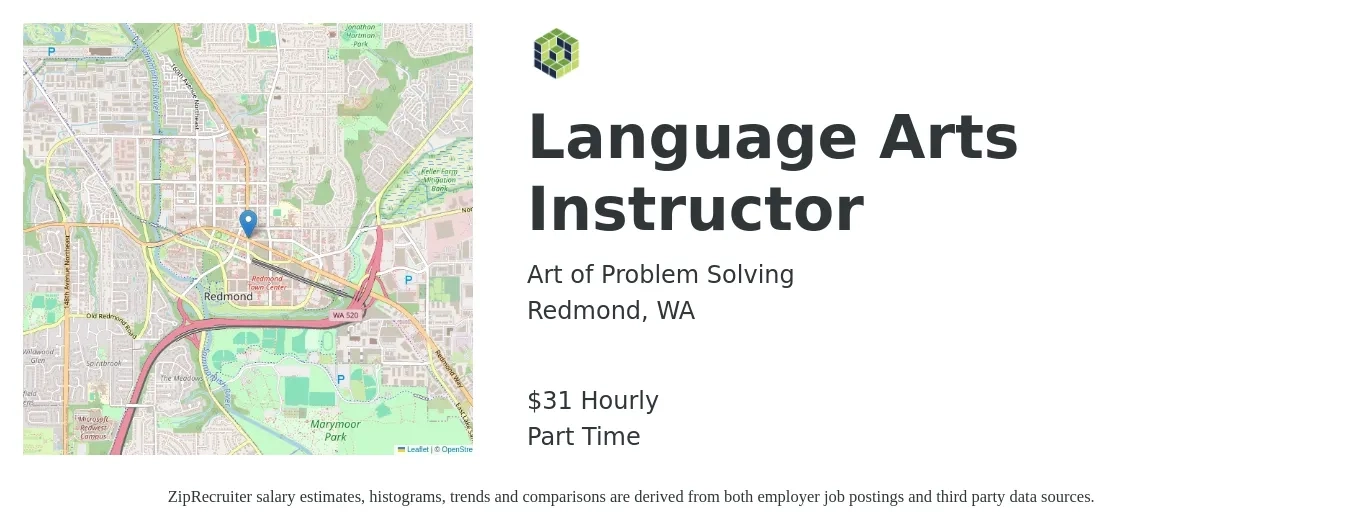 Art of Problem Solving job posting for a Language Arts Instructor in Redmond, WA with a salary of $33 Hourly with a map of Redmond location.