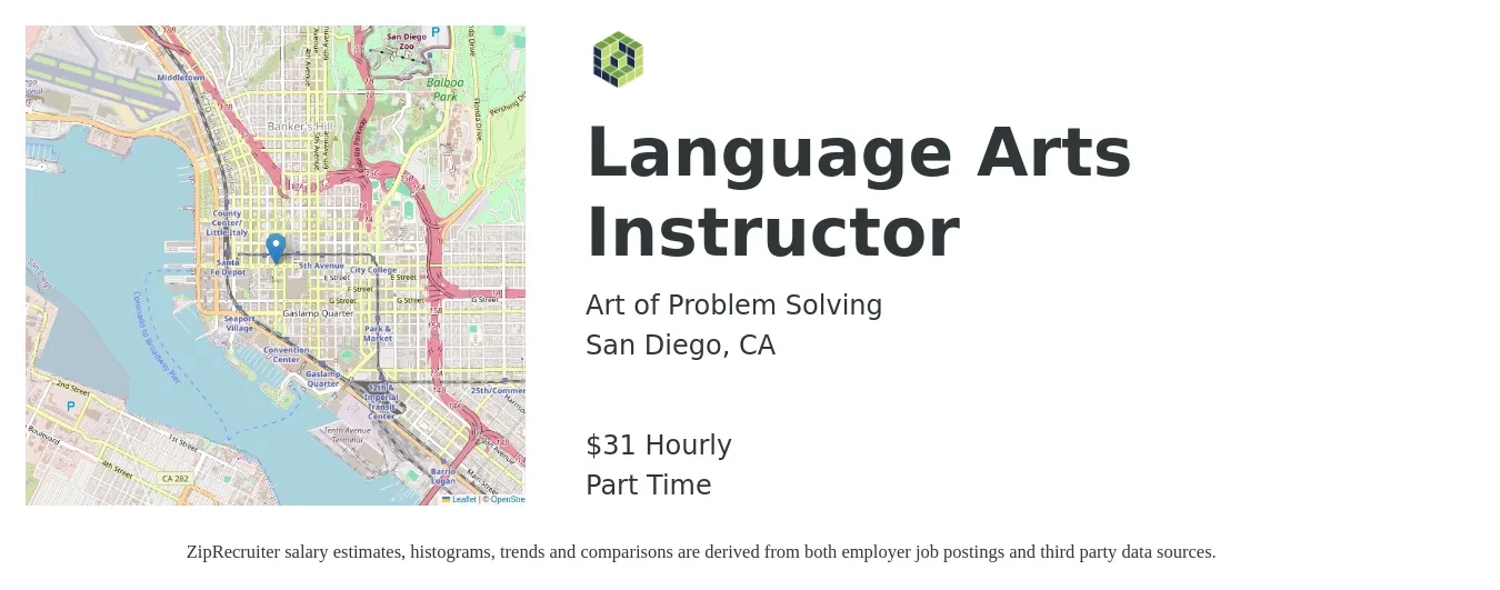 Art of Problem Solving job posting for a Language Arts Instructor in San Diego, CA with a salary of $33 Hourly with a map of San Diego location.