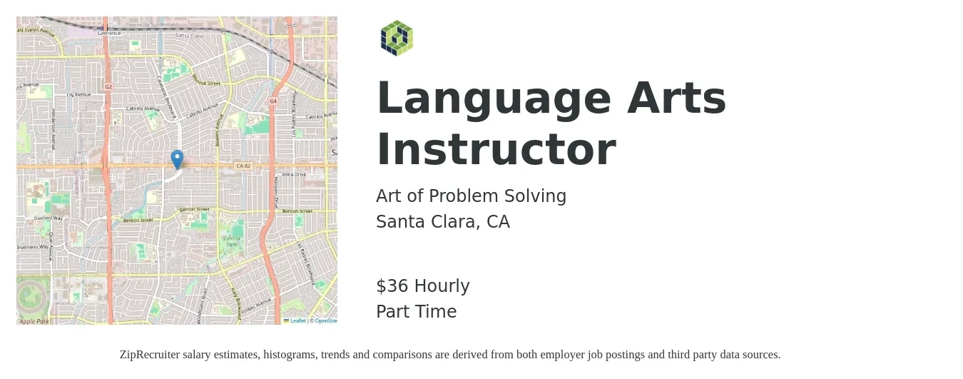 Art of Problem Solving job posting for a Language Arts Instructor in Santa Clara, CA with a salary of $38 Hourly with a map of Santa Clara location.