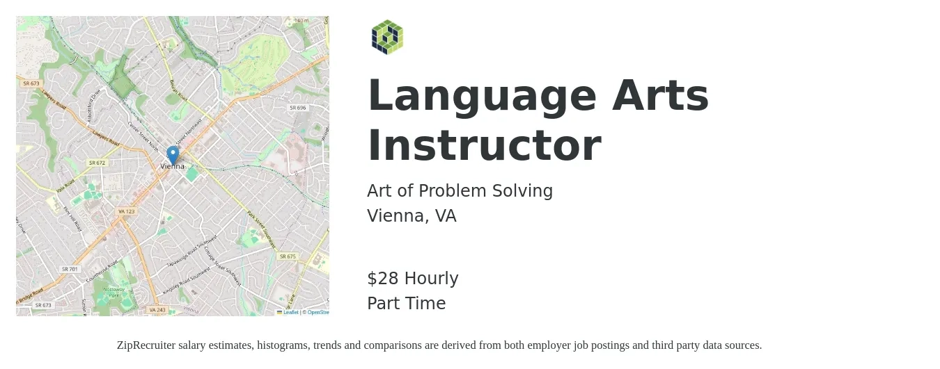 Art of Problem Solving job posting for a Language Arts Instructor in Vienna, VA with a salary of $30 Hourly with a map of Vienna location.