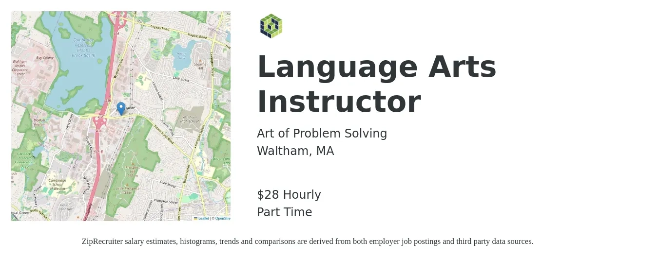 Art of Problem Solving job posting for a Language Arts Instructor in Waltham, MA with a salary of $30 Hourly with a map of Waltham location.